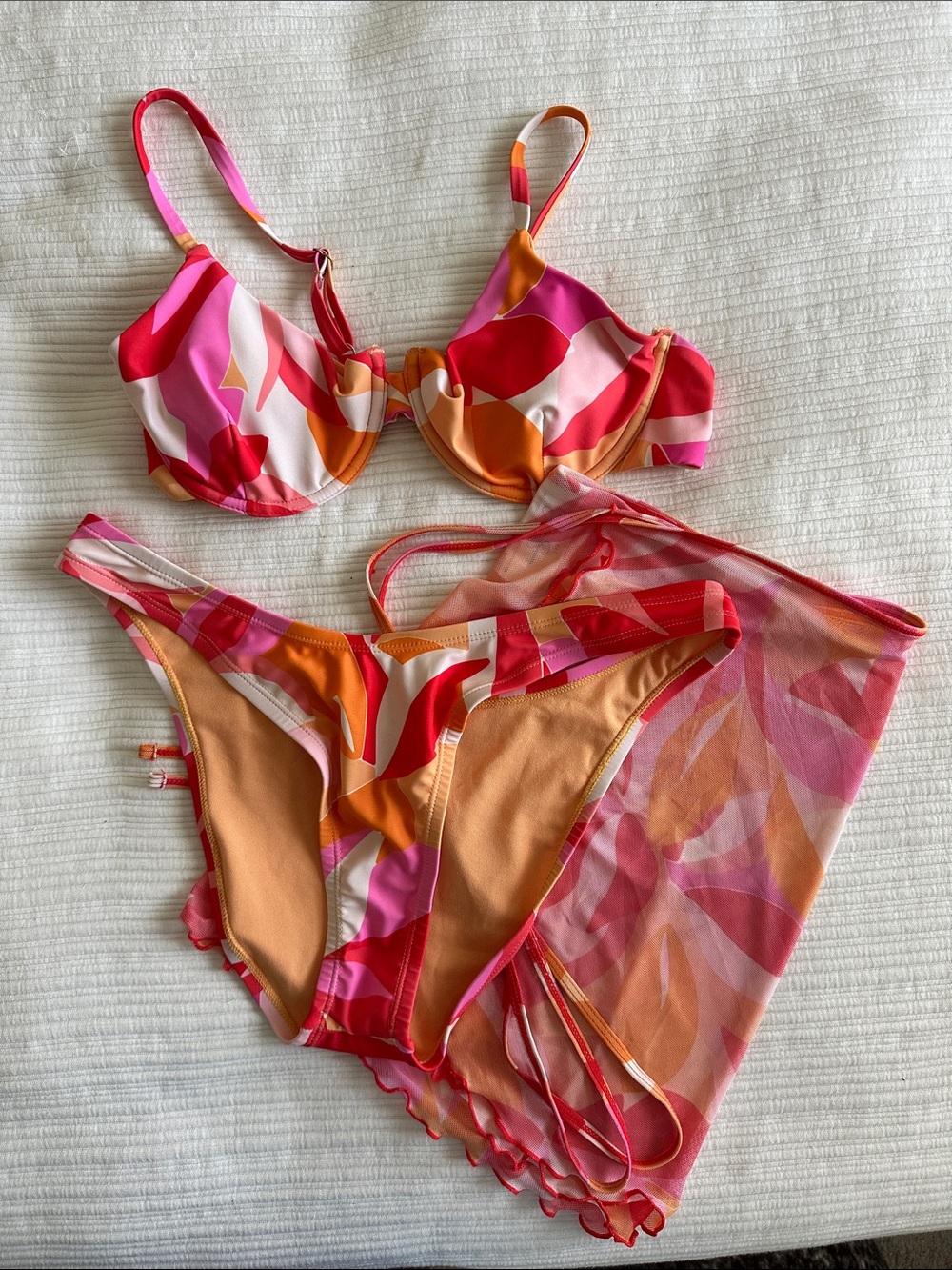 Jessica Simpson Pink and Orange Printed Bikini Set with Mesh Cover-Up